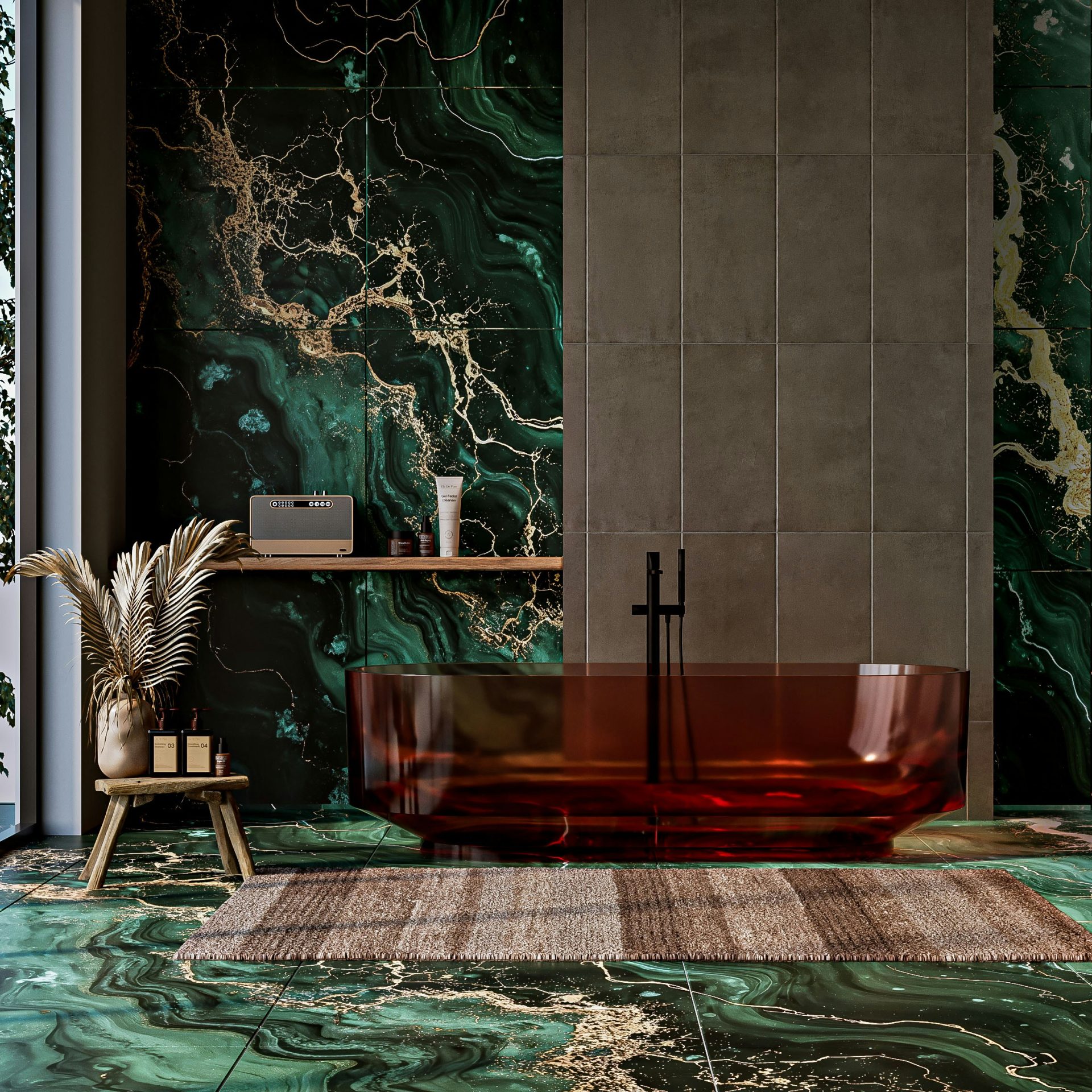 Une salle de bains luxueuse est dotée de pierre de malachite et d'une baignoire ambrée.